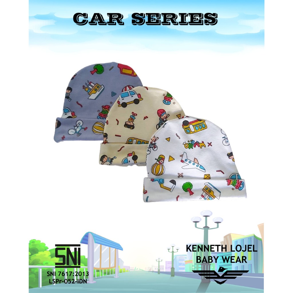 Topi Set dengan Sarung Tangan dan Sarung Kaki Bayi Motif Car Kendaraan Merk Kenneth Lojel SNI