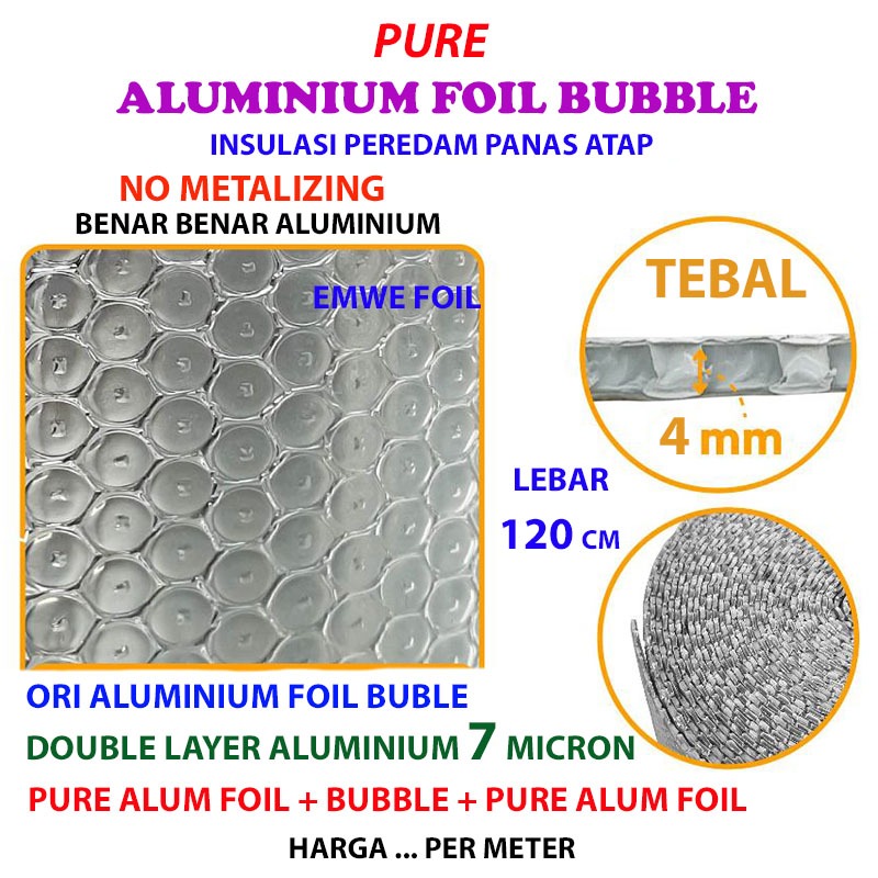 Uk. 50 cm Tebal 4MM Murni Asli Pure Alumunium Foil Insulation Aluminium Bubble Double Side Insulasi Atap Rumah Peredam Panas 2 Muka Alum ETERIS