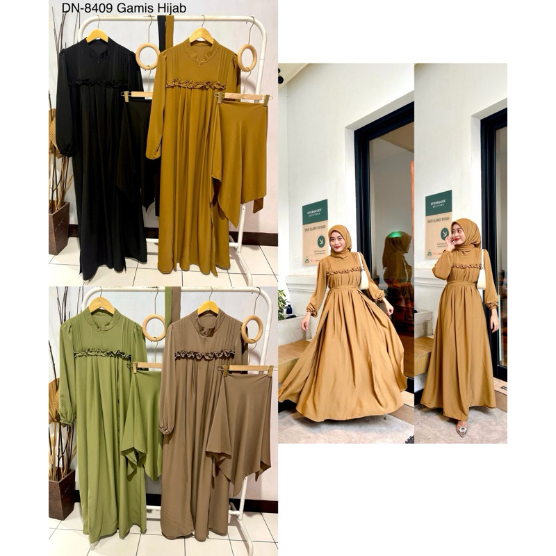 gamis set jilbab  bahan gardenia twill import polos jatuh