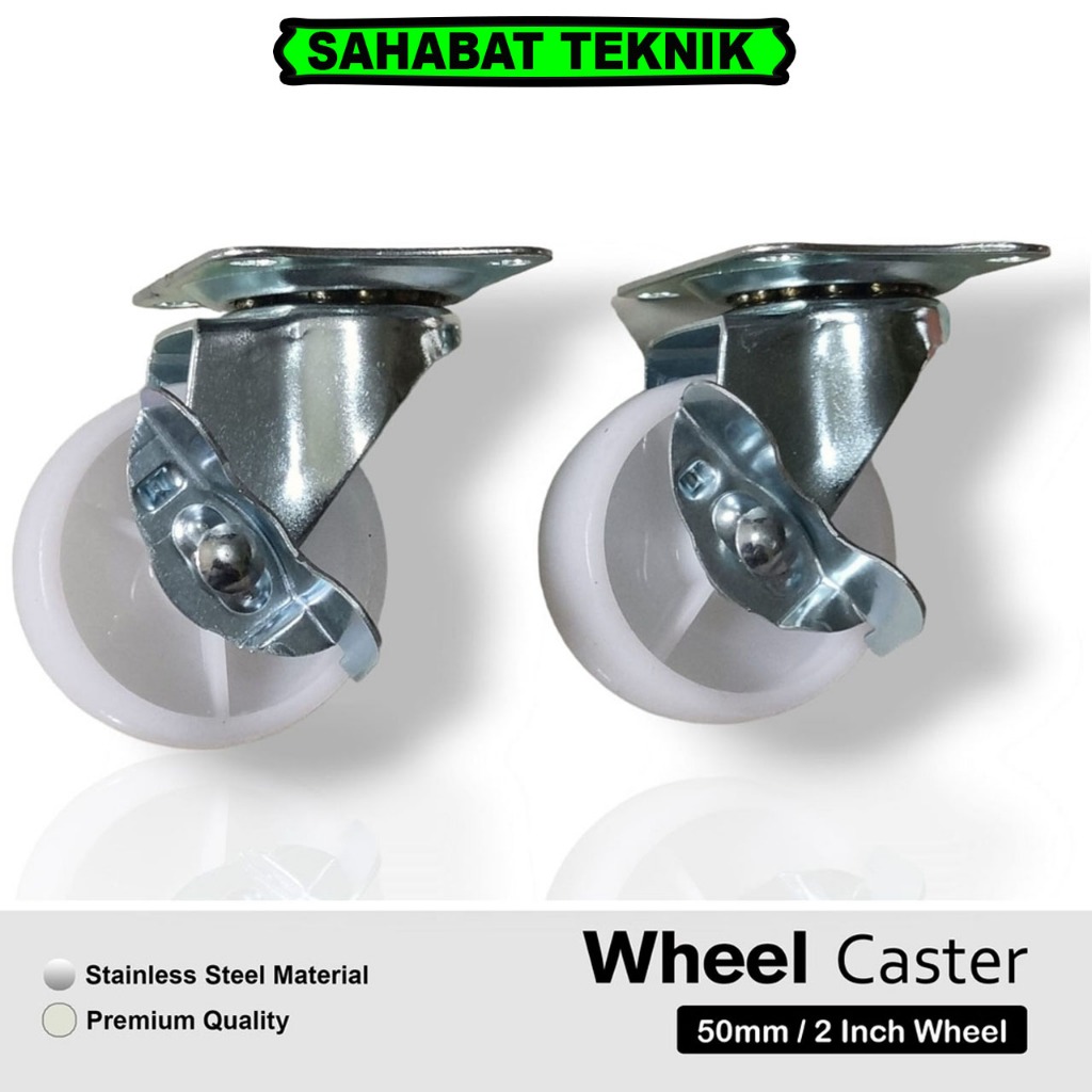 RJS 1 Set 4 Pcs Roda Kastor Putih Hidup + Rem Nylon 2 Inch / Roda Caster Troli Etalase / Roda Nilon 