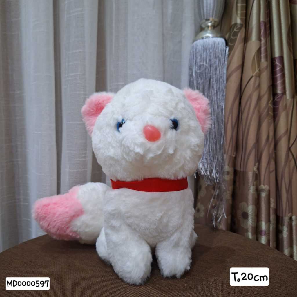 Boneka Kucing Putih Duduk Syal Merah Bulu Cantik Lucu