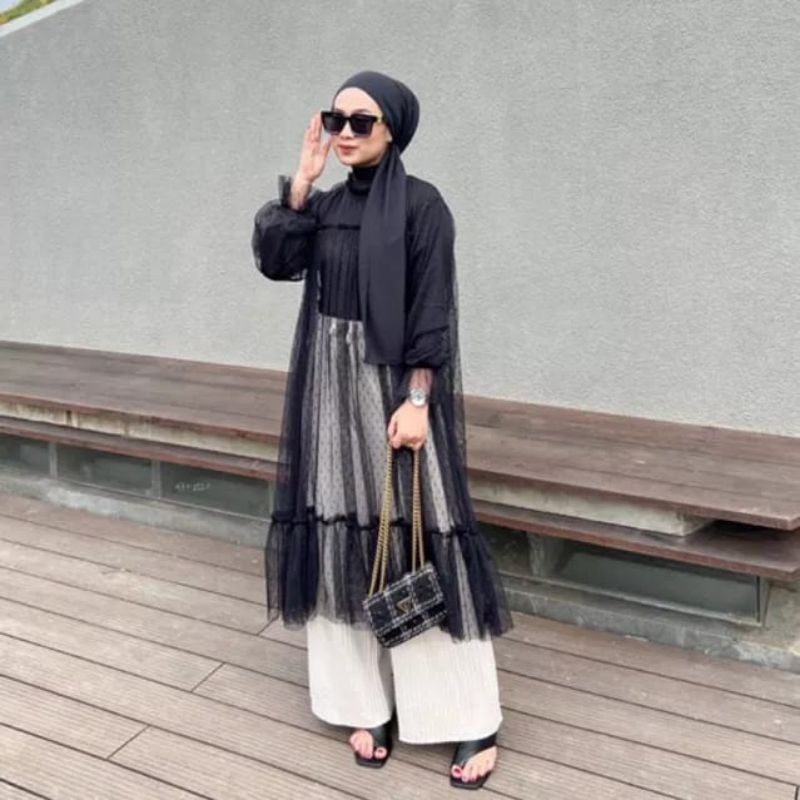 Model TerkiniEImira Outer Tunik Brukat Tile Polkadot Wanita Outfit kondangan viral