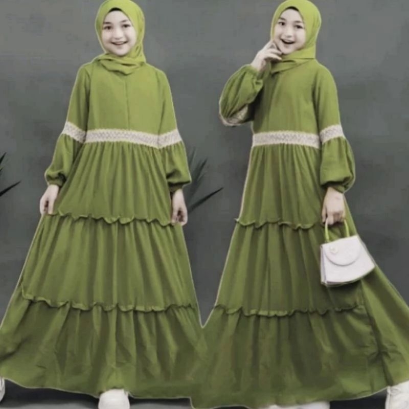 Gamis Anak Usia 13-15 Tahun Model Renda Bahan Crinkle Airflow Premium