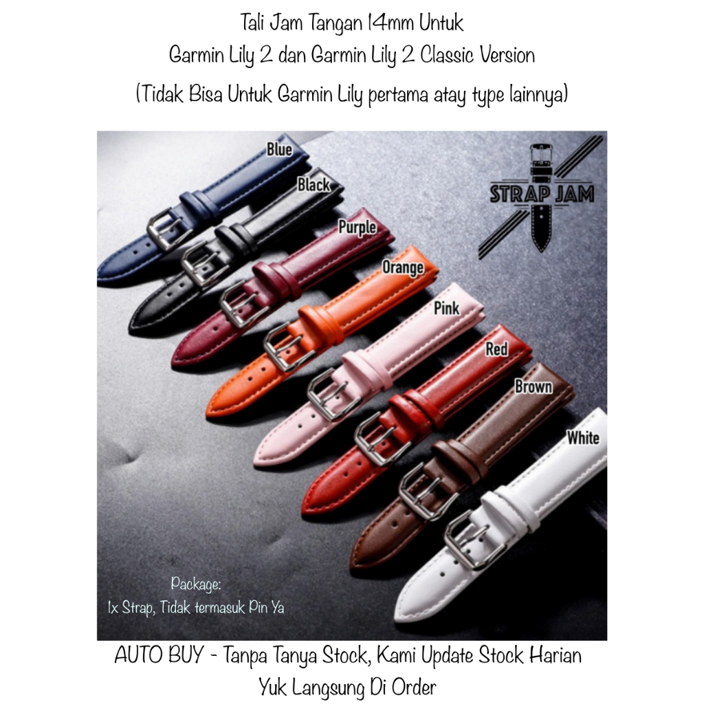 WMN 14mm Tali Jam Tangan Garmin Lily 2 / Active Classic - Leather Strap Kulit Wanita