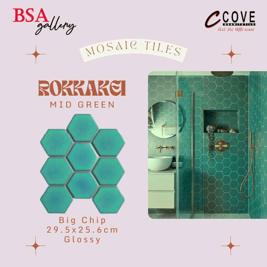 MOSAIC TILE HEXAGON BESAR GREEN / KERAMIK MOZAIK HIJAU LANTAI DINDING