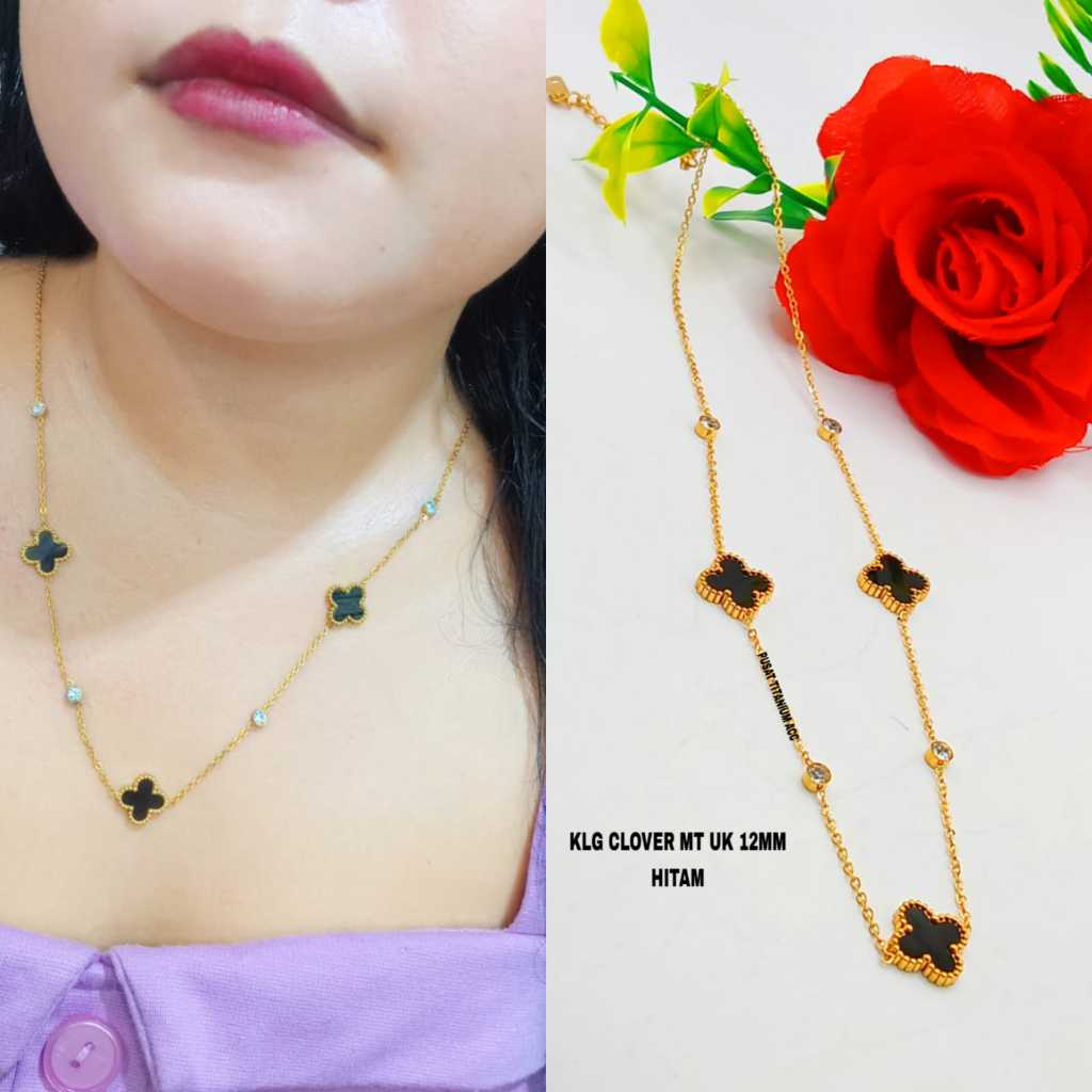 Kalung Titanium Clover Hitam Kombinasi Mata Grigi UK 12Mm Anti Luntur Dan Anti Karat (COD)