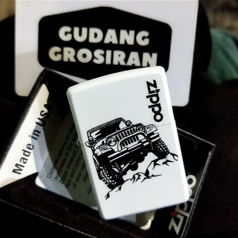 Korek api Zippo Matte White UV Print JEEP CAR - Gratis tambah nama