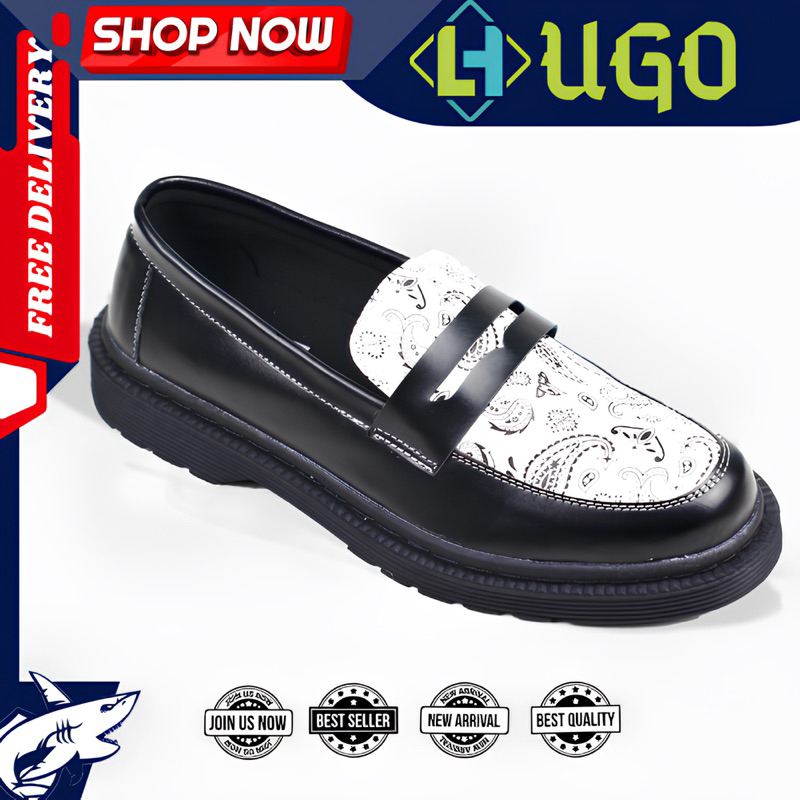 HUGO Sepatu Formal Pria Casual Pantofel Docmart Hitam Putih Loafers Trendy Casual Kerja Original ELE