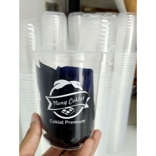 Cup Plastik Gelas Plastik 12 oz 14 oz 16 Oz 18 Oz Oval Sablon Custom Logo 500 pcs + tutup Strawless