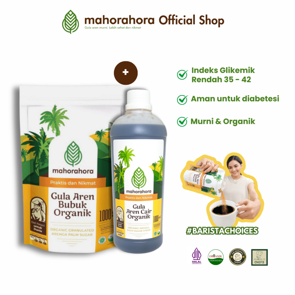 

Mahorahora Paket Hemat Gula Aren Organik Cair 1 Liter dan Bubuk 1 Kg, Premium dan Halal
