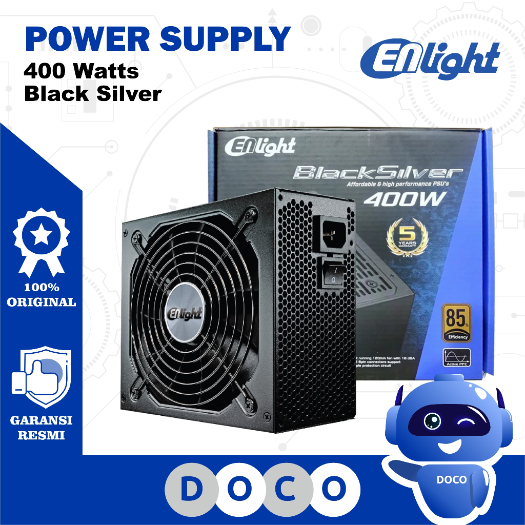 Enlight Power Supply Black Silver 400 Watt 80+ Bronze PSU 400W Watts