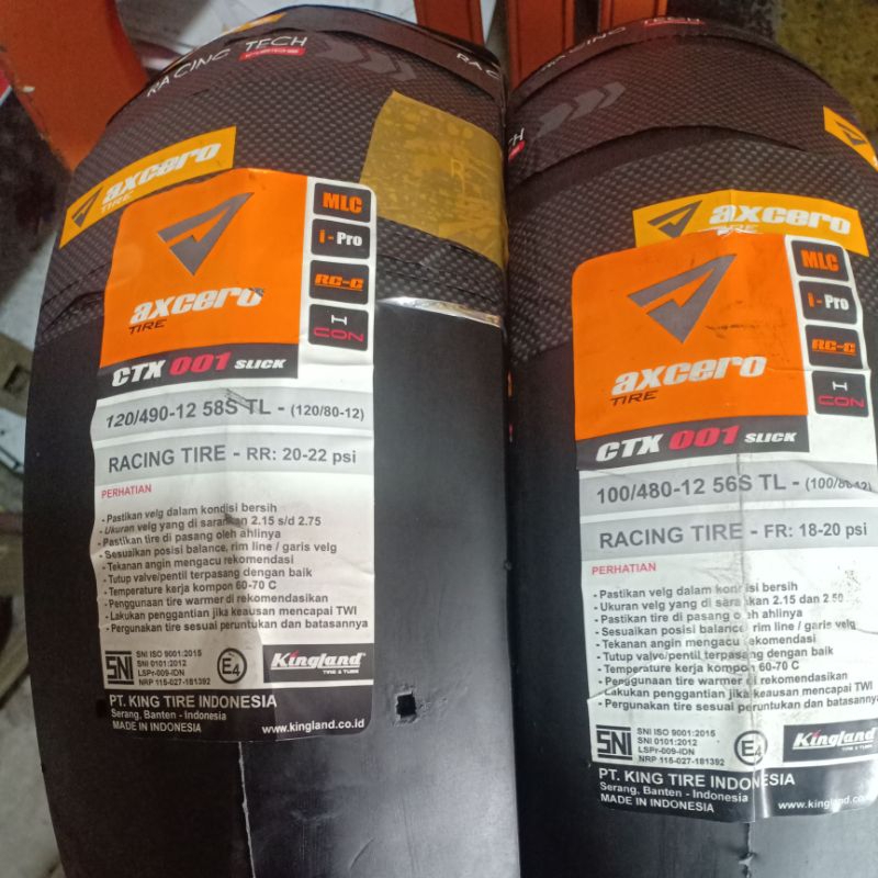 ban kingland axcero ctx-001 botak/slick ring 12 sepasang depan dan belakang ukuran 100-80/12 dan 120
