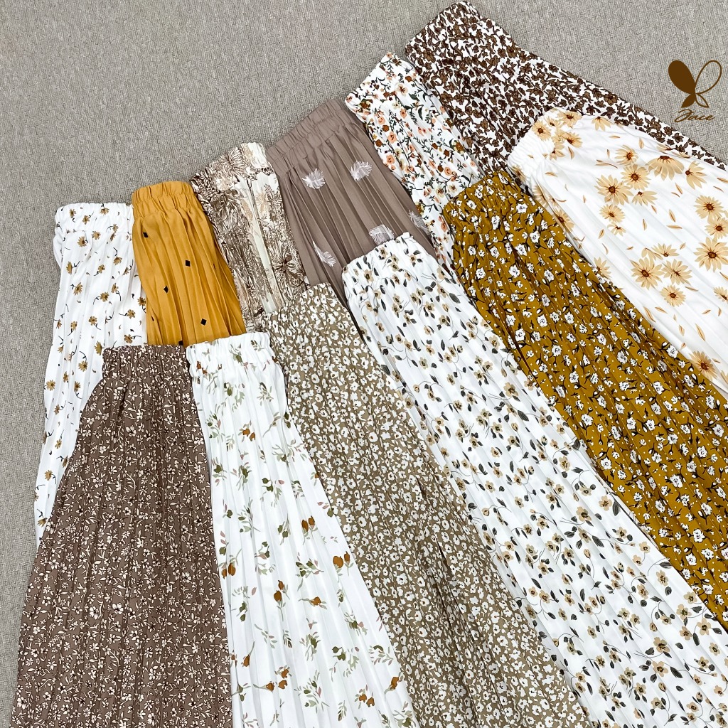 	 𝐉𝐀𝐂𝐄-ROK PLISKET MOTIF Pleated Skirt Bunga Wanita Korean Style Panjang Mekar Mayung	
