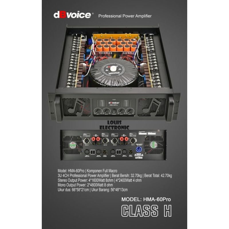 Professional Power Amplifier dBvoice HMA-60 PRO Class H 4 Channel