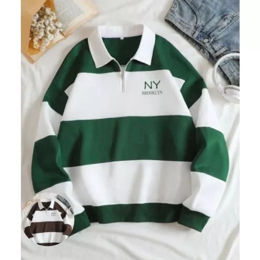 ART S46A jeket rugby ny brooklyn ijo switer garis salur