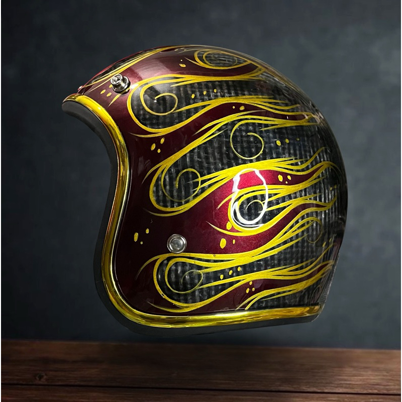 Slimhead 500TX RAW Candy Red Gold Flame - helm slimhead,helm vespa,helm chopper