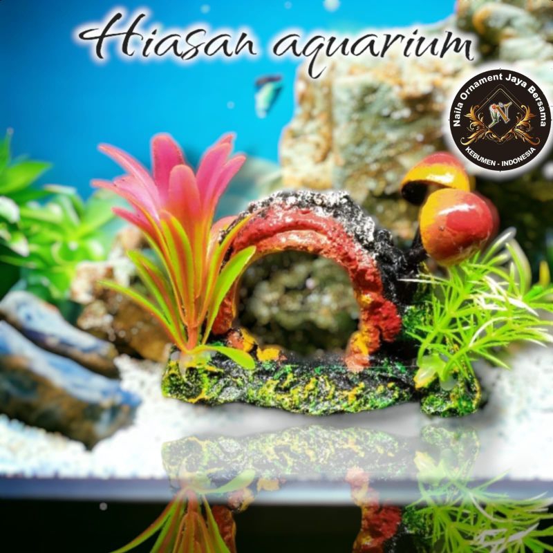 Hiasan dekorasi ornamen aquarium aquascape, rumah ikan. Terowongan jamur