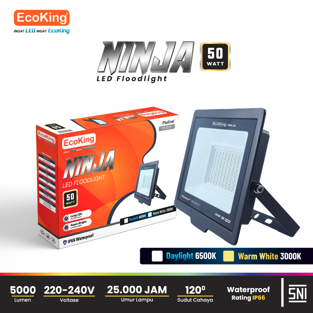 Lampu Sorot EcoKing Led Flood Light Ninja 50W Cahaya Putih Kuning