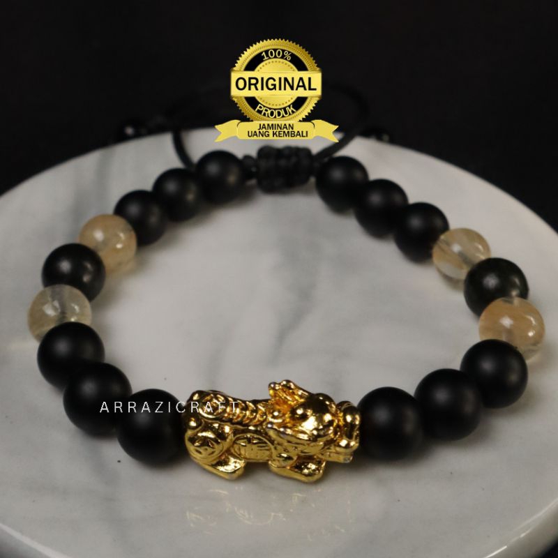 Gelang Pixiu Naga Emas Batu Akik Alam Onyx Citrine Untuk Pria Wanita