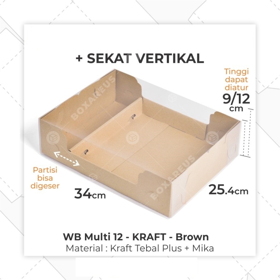 

WB Multi12 Brown Kraft, Mika Polos, Sekat Vertikal / dus kue / dus puding sekat / kotak kue / kotak puding mika