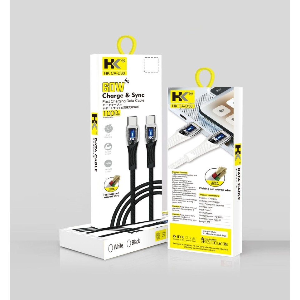 Kabel Type C To Type C HK D30 Cable Data Fast Charging 60W Transparan PD