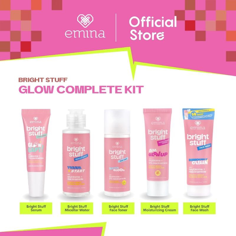 Paket Emina bright stuff(serum 7.5ml.sabun 50ml.toner 100ml.mois cream.micellar kecil)