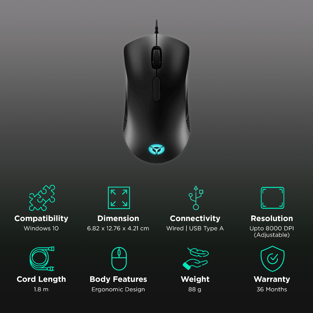 Lenovo Legion M300 RGB Gaming Mouse - Hitam, 8000 DPI, Ambidextrous