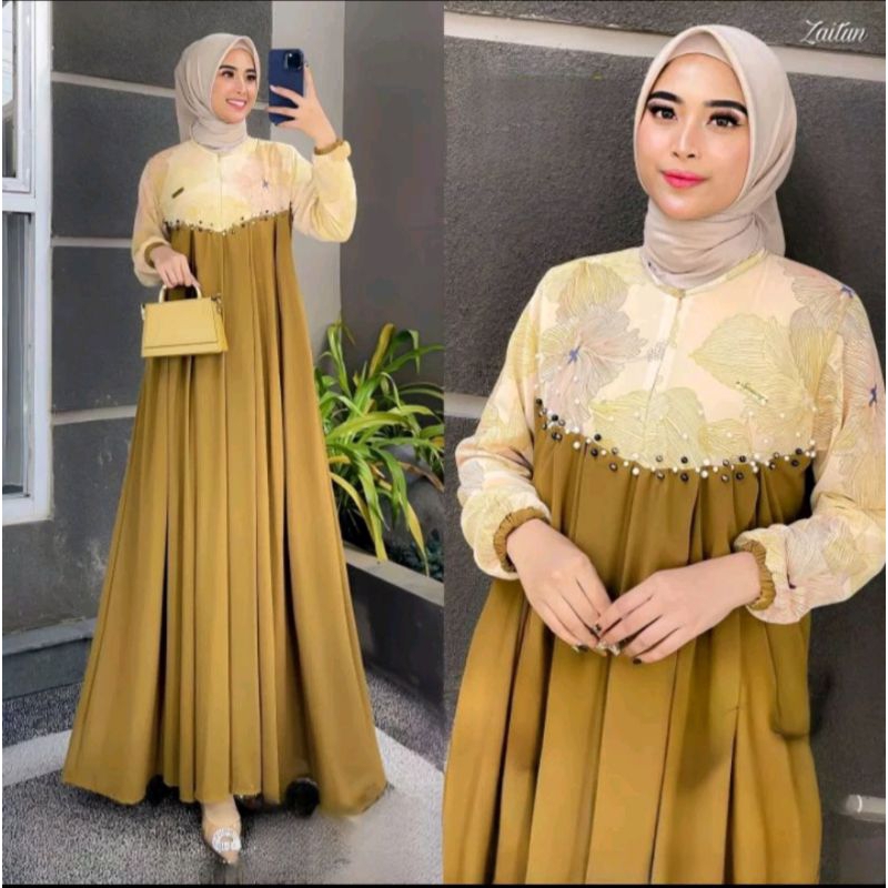 KIFARA DRESS BAHAN CRINKLE AIRFLOW MIX CERUTY BABYDOLL MOTIF BUNGA MIX MANIK MUTIARA