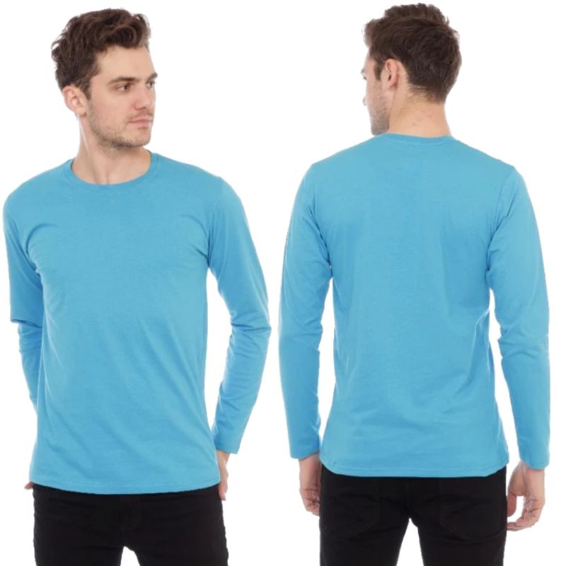Kaos Polos Pria dan Wanita Warna Biru Turkis Lengan Panjang Leher O-Neck 30s
