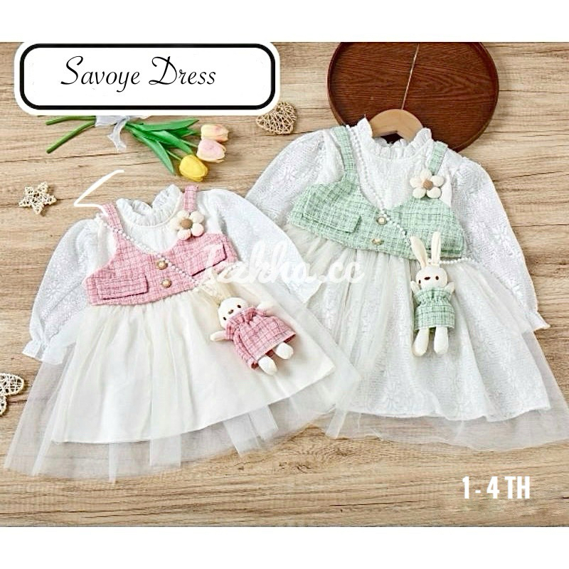 DRESS ANAK IMPORT+ TAS KELINCI TWEED MIX BRUKAT PUTIH 1-4TH