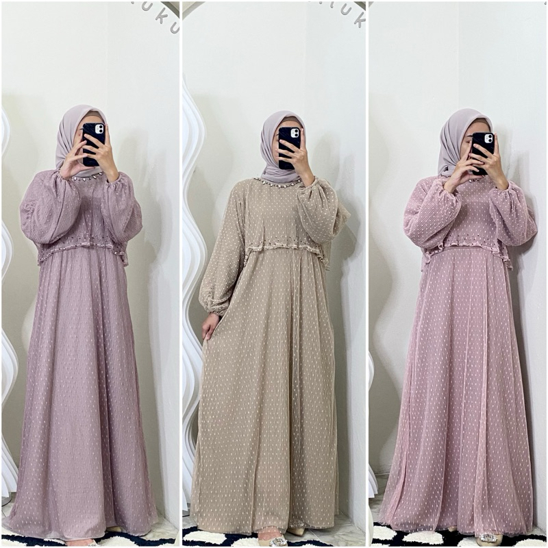 READY SARRE DRESS TILE DOT PLISKET MINI / dress lebaran / baju bridesmaid / lyf dress - ku.tukuklamb