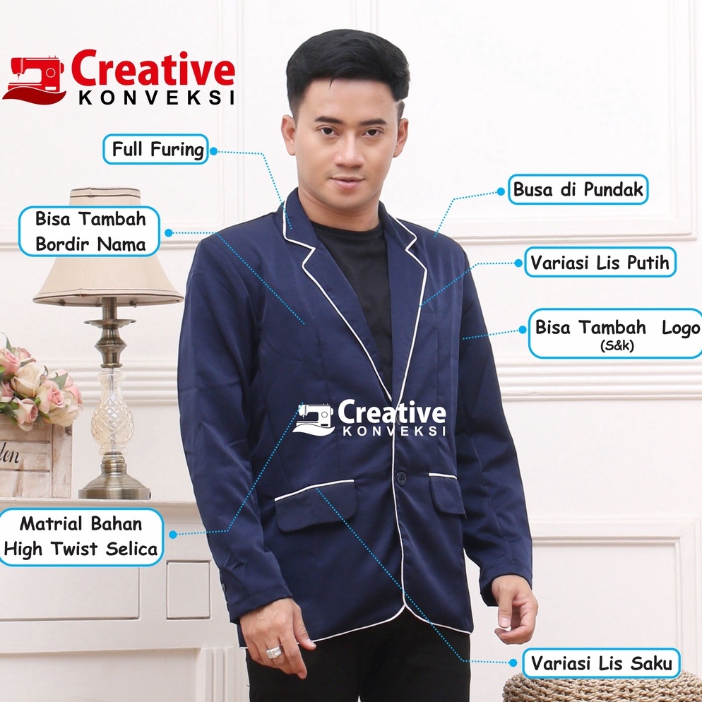 ART E78Y COD BISA TAMBAH BORDIR BLAZER JAS KOREA NAVY LIS PUTIH JAS NIKAH WISUDA PENGANTIN PRIA SLIM