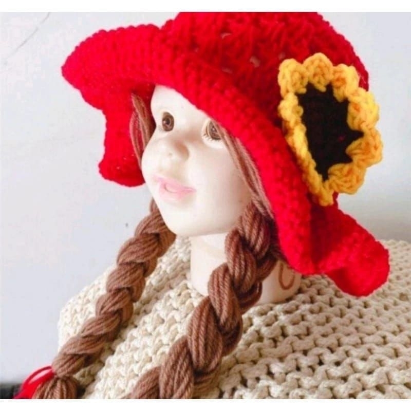 kupluk kepang wig rambut anak/ikat rambut  warna terang/kuncir rambut/topi bayi lucu aplikasi bunga