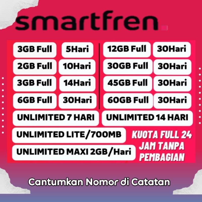 Paket Data Smartfren UNLIMITED | 10GB 16GB 30GB 60GB | bisa tembak/Inject paket