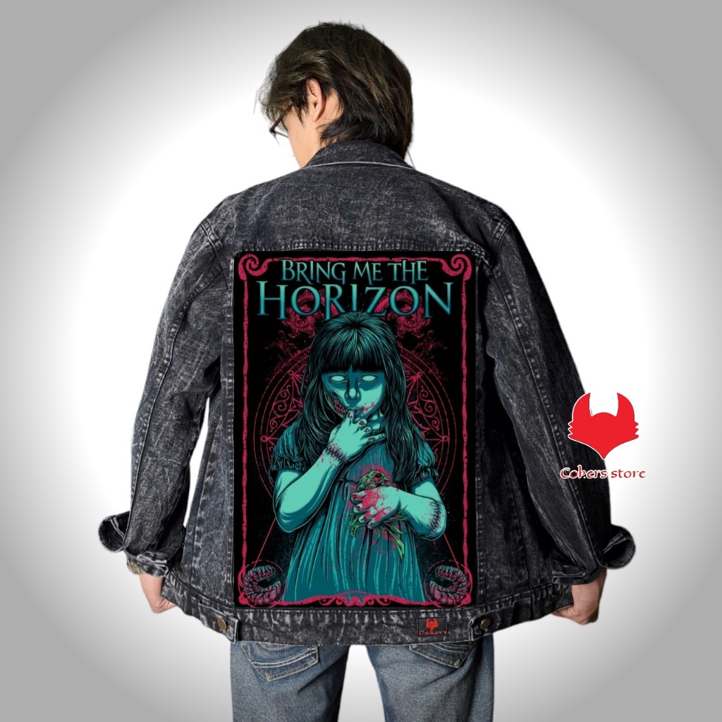 Jaket Jeans Denim Printing Gambar Belakang - Bring Me The Horizon Sandwash Hitam