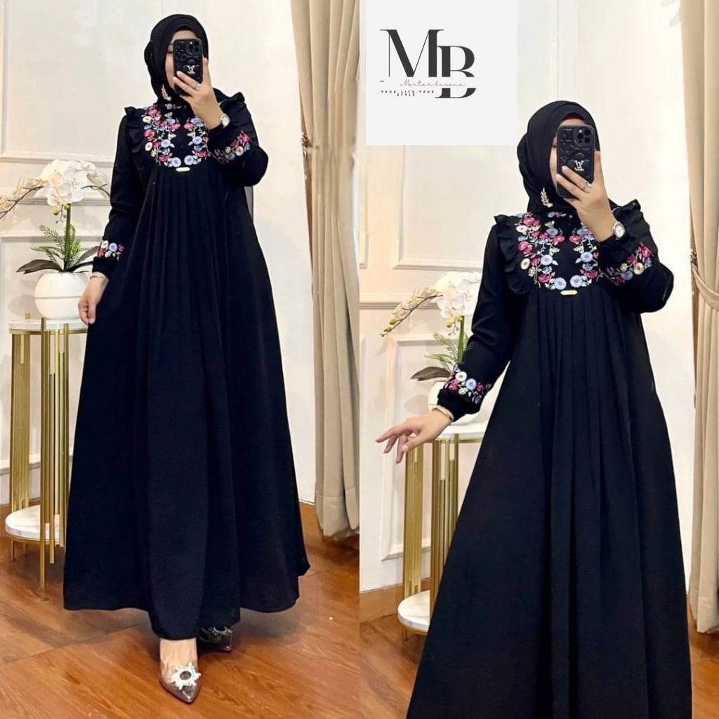 GAMIS BORDIR BUNGA TIMBUL BAHAN CRINKLE/GAMIS AZIZAH MEWAH TERBARU TERMURAH-Hitam