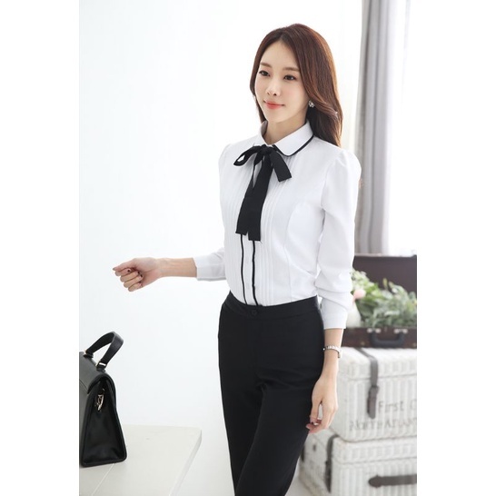 KEMEJA SIFON WANITA PUTIH LENGAN PANJANG VERSI KOREA ORIGINAL