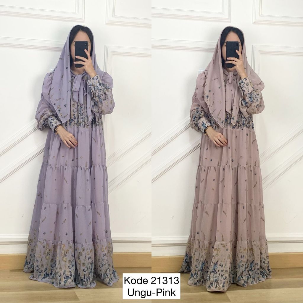 21313 LONG MAXI RUMPLE BUNGA MOTIF FULL PRINT LENGAN BALON VARIASI KERAH V NECK MIX TALI PITA PREMIU