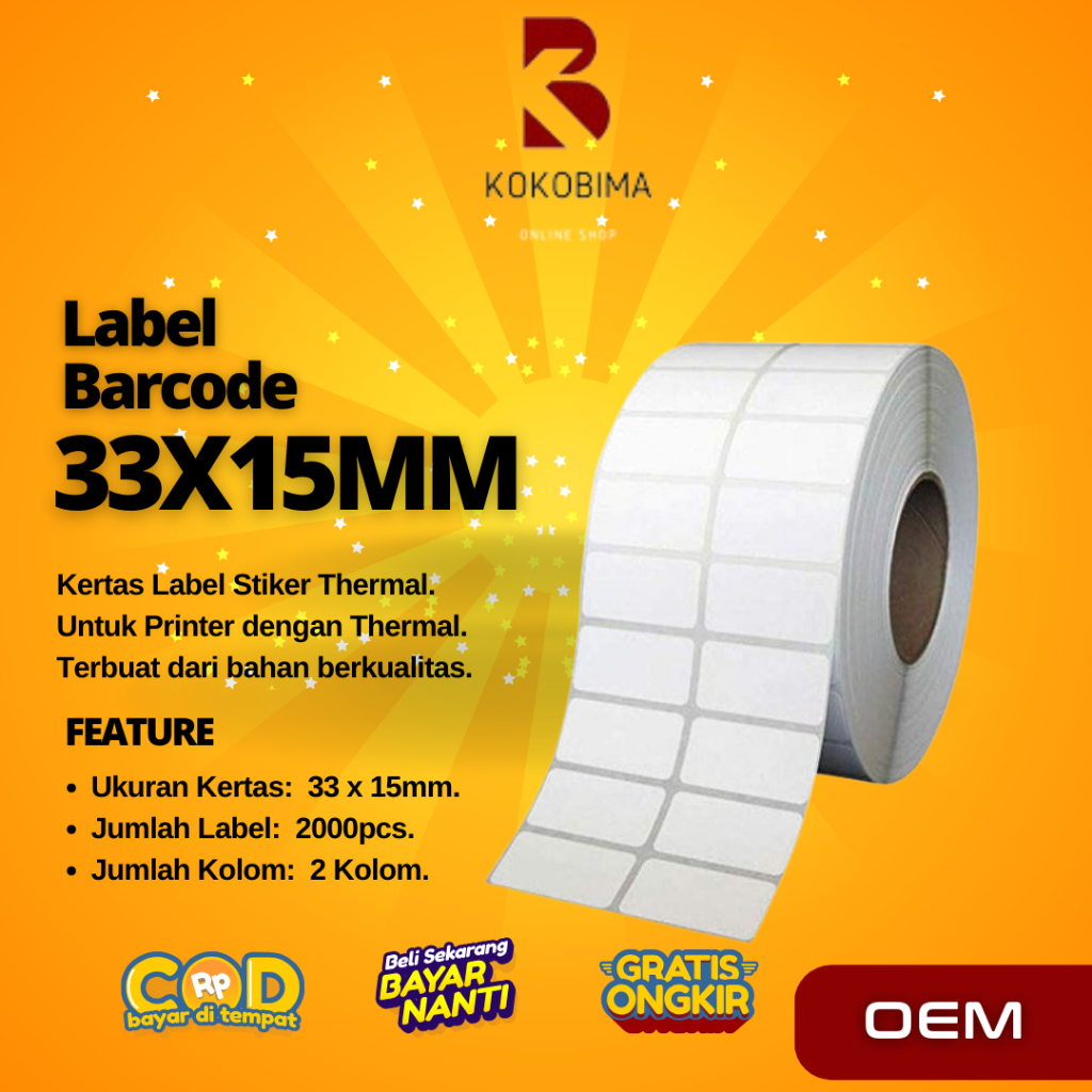 

Stiker Label Barcode Thermal 2 Kolom 33x15mm [2000 PCS] Termurah