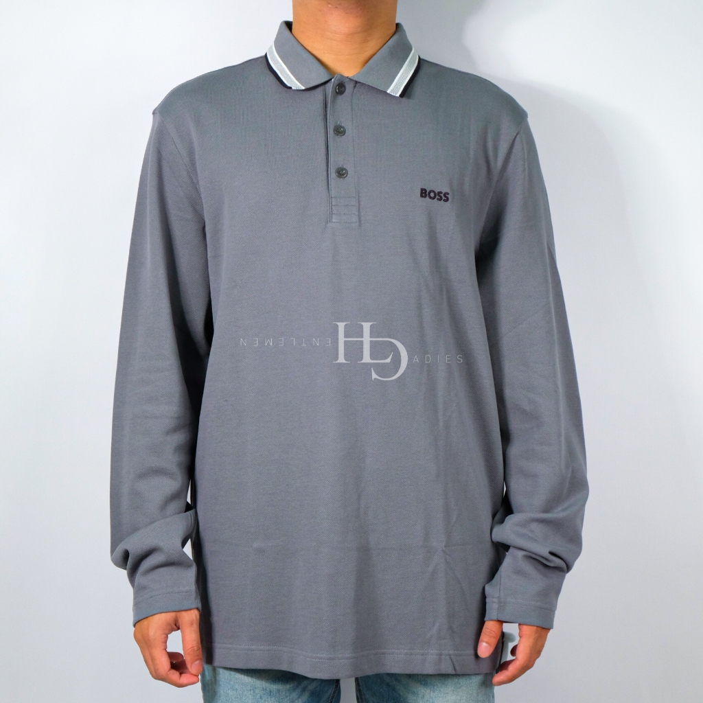 Hugo Boss SS24 Plisy Regular Long Sleeve Polo Shirt Medium Grey