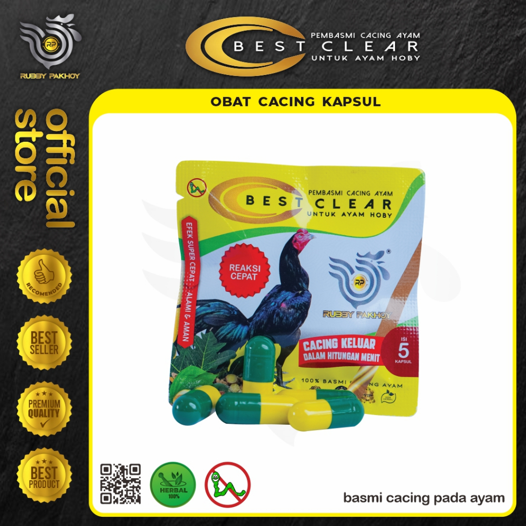 OBAT CACING AYAM BEST CLEAR RP PALING AMPUH MENGELUARKAN CACING DALAM HITUNGAN (ISI 5 KAPSUL)