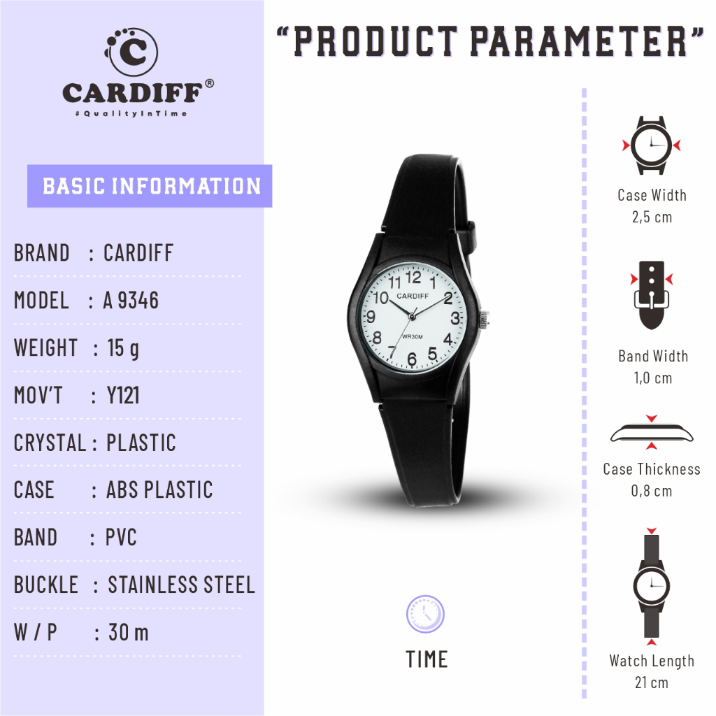 CARDIFF Jam Tangan Analog Karet 9346 (Tanggal & Tanpa Tanggal) | Tahan Air | 3ATM