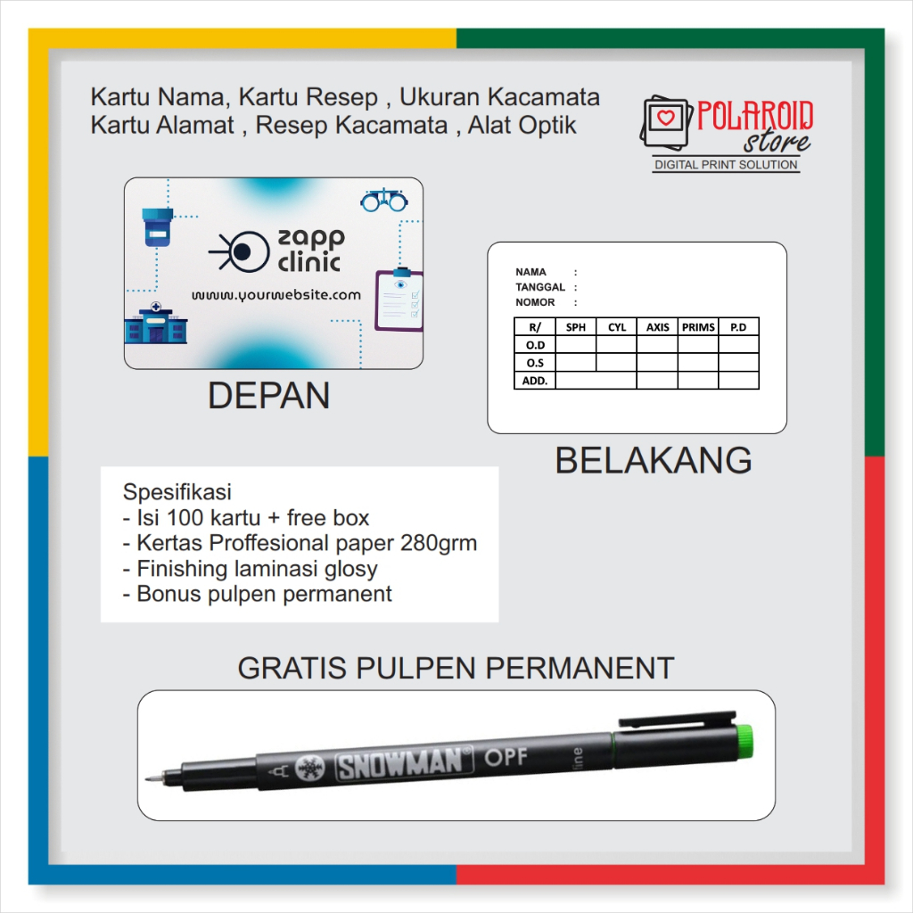 

Kartu nama Optik kacamata, kartu resep isi 100 kartu