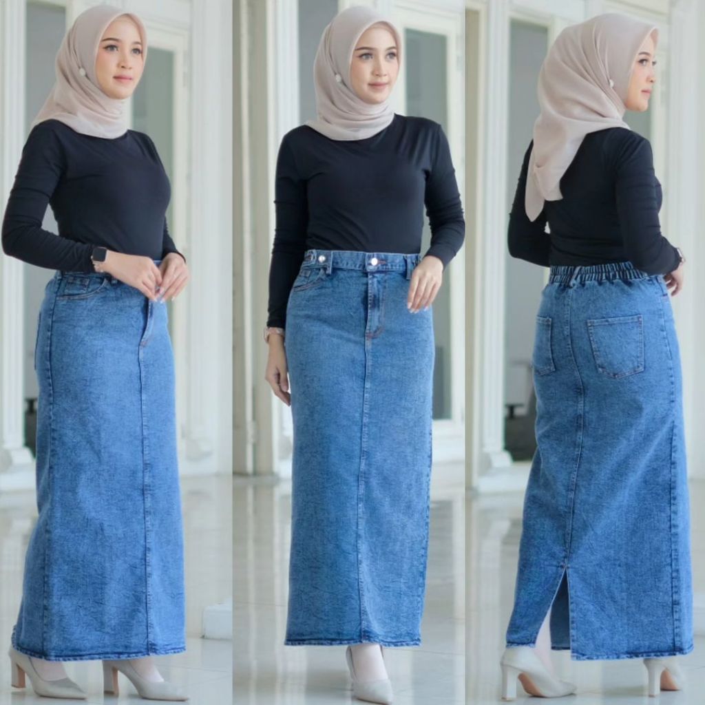 NEW Midi Skrit Rok Span Jeans Skrit Theana Rok Jeans Panjang Korean Style Hijab
