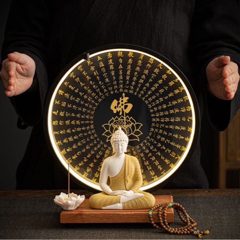 Lampu Lingkaran LED Mantra Patung Buddha Siddharta Gautama/Sakyamuni Ornamen Dupa Arus Balik Aromate