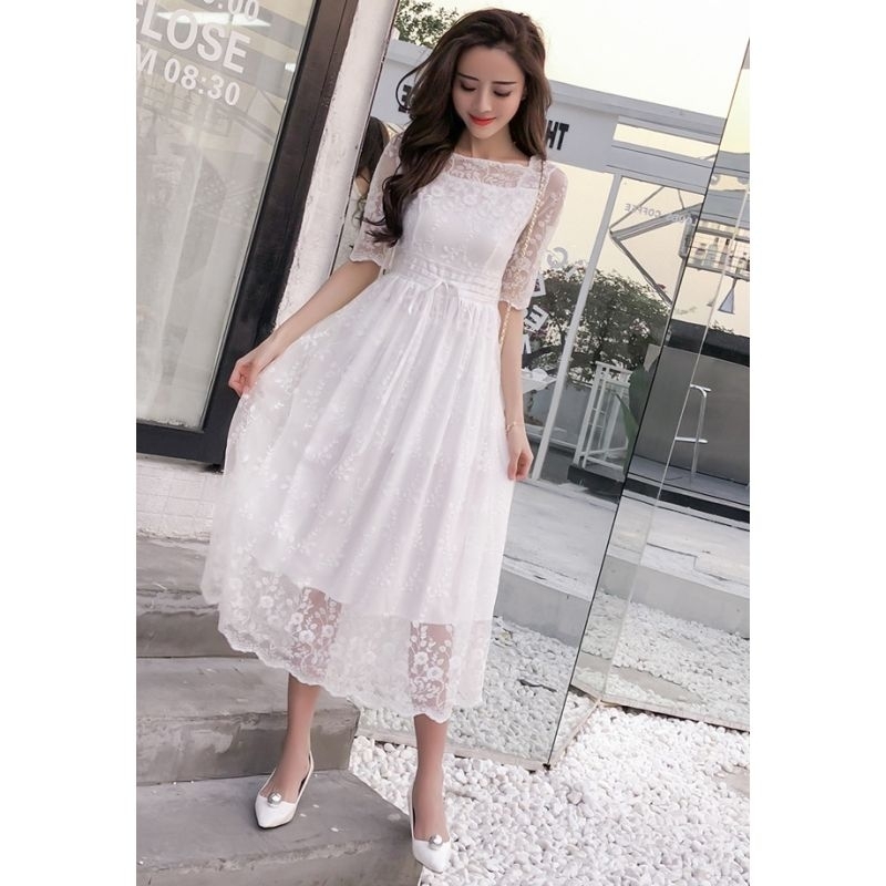 Long Dress wanita warna putih cantik Korea lengan pendek elegant