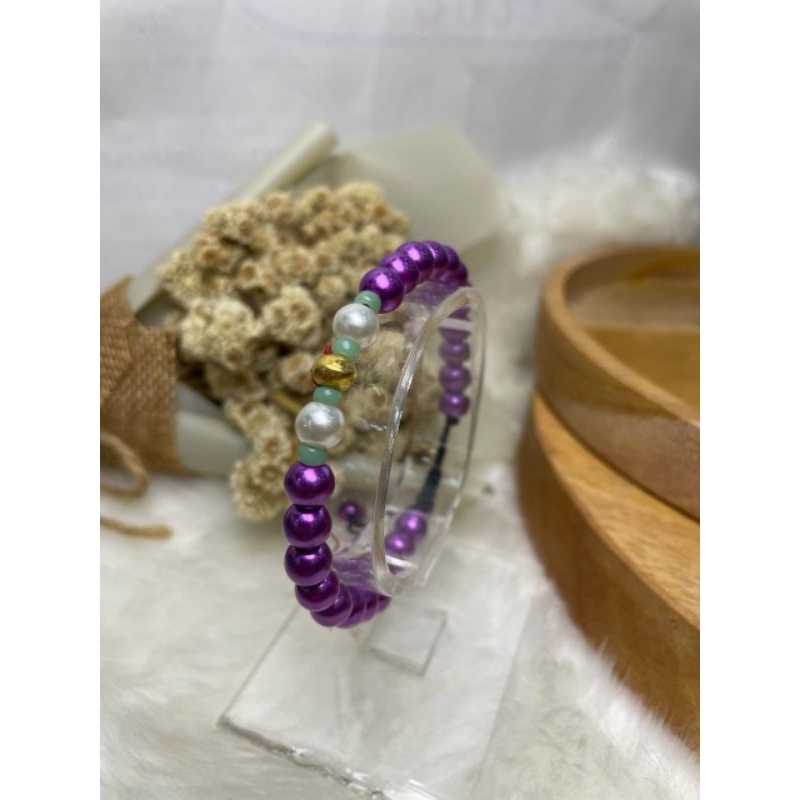 Gelang Tali Mutiara & Emas 6K/300 | Warna Ungu | Gelang Custom