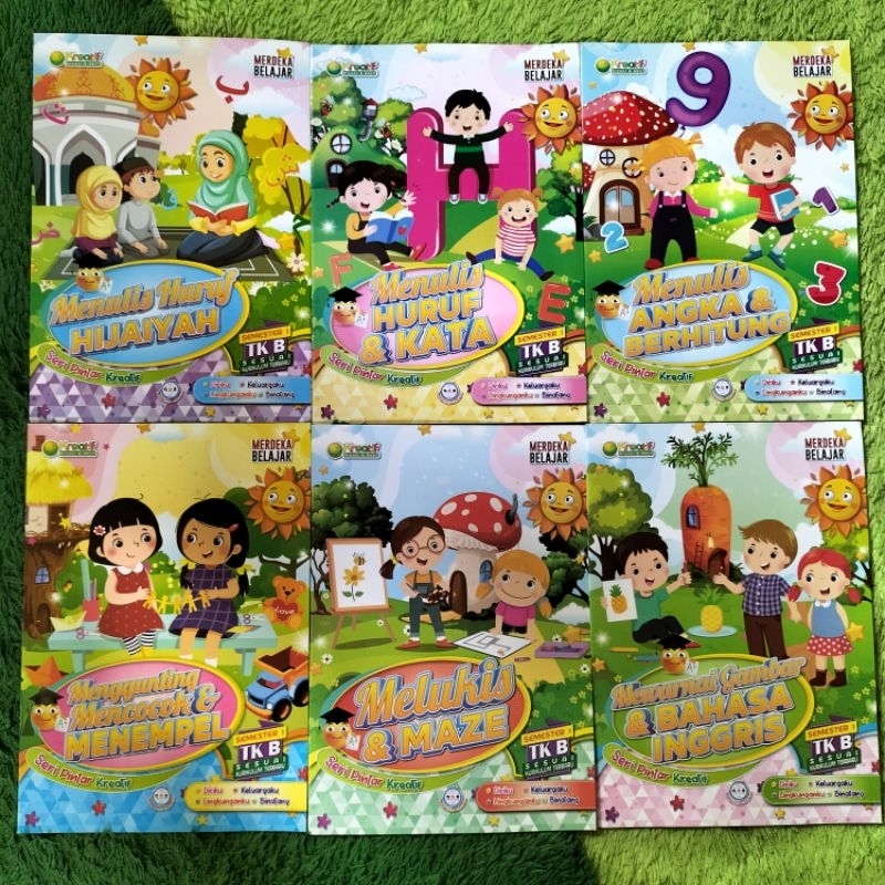 BUKU PAKET TK DAN PAUD ISI 6 BUKU SEMESTER 1 TK B MENULIS HURUF KATA MENEBALI GARIS ANGKA BERHITUNG 
