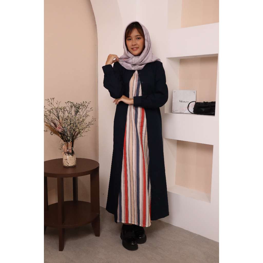 Gamis Dress Wanita Missty Freeteen Warna Biru Navy Motif Polos Inner Salur Merah Putih Biru Bahan Ka