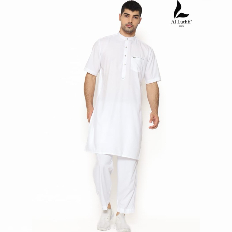 AL LUTHFI Baju Setelan Pakistan Putih Lengan Pendek ~ Setelan Pakistan Kurta Dewasa Al Luthfi Syar'i